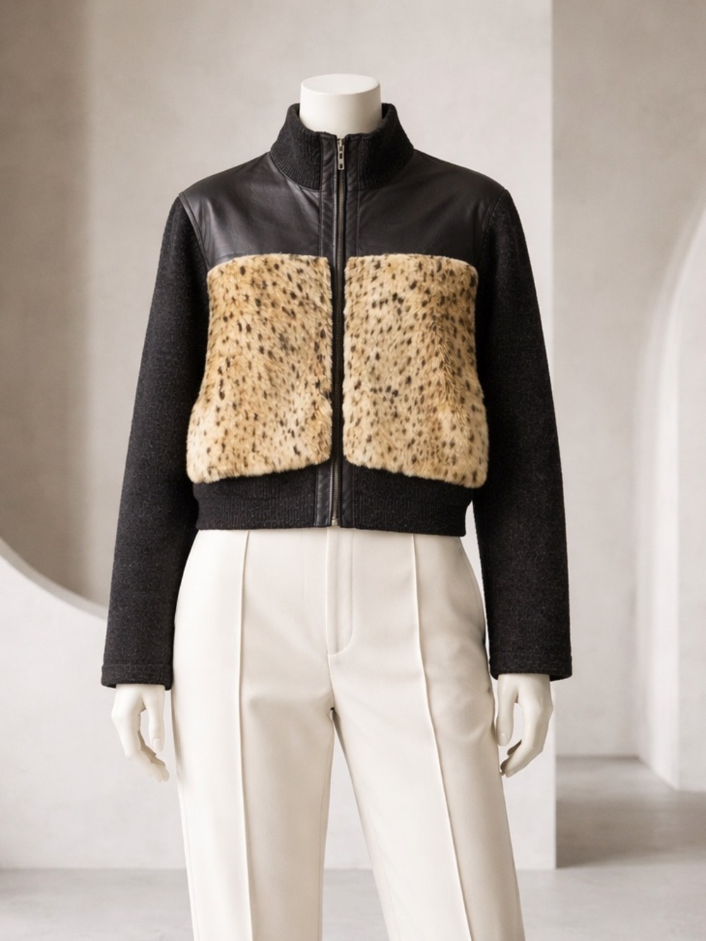 Victoria Harbour Womens Leather Fur Knitting Zip Cardigan Sweater Brown Size L